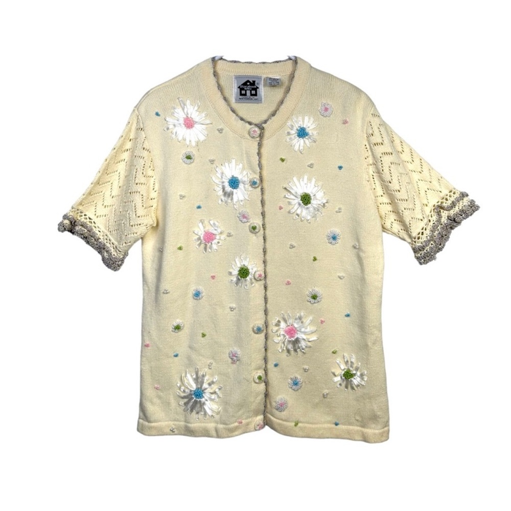 Vintage 80s Knit Cardigan Cotton/Ramie Floral Applique Ribbon Beads Ivory Yellow